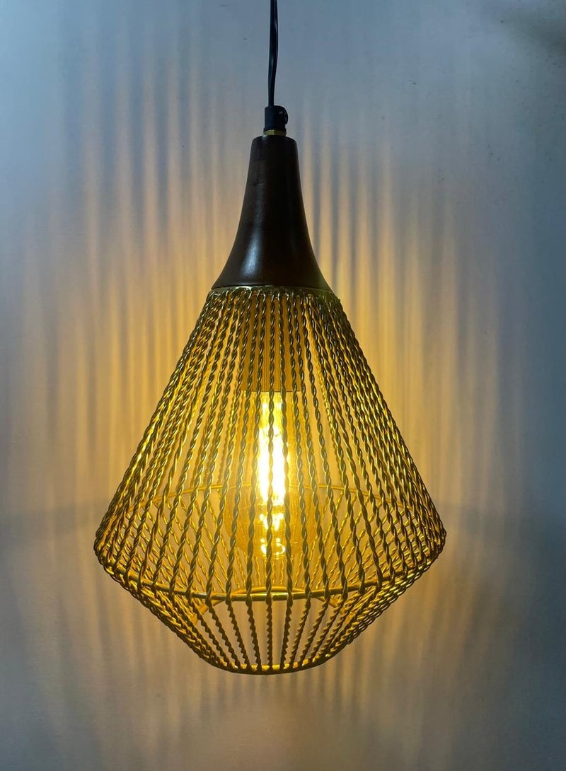 European Brass Twisted Metal Wire Frame Hanging Light, Original Wood Accent,  High-Quality Adjustable Wire, Warm & Cozy Lighting, Versatile Design, Easy Installation,  E27 Lamp Holder – Compatible with LED, Edison, and filament bulbs, Durable & Long-Lasting,  Perfect for- Home interiors, restaurants, loft-style spaces, coffee shops, and more.  - Image 2