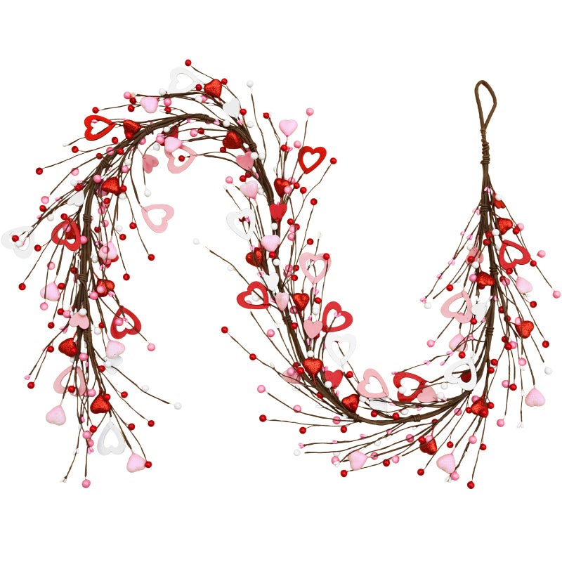 Artsemi Valentine's Day Garland, 6Ft Artificial Twig Garlands with Hearts Red Berries, Valentine Centerpieces for Tables Mantel Fireplace, Galentines Day Decorations - Image 1