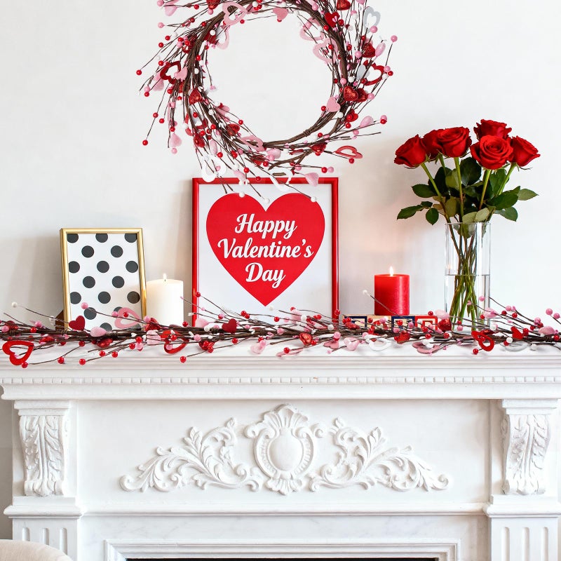 Artsemi Valentine's Day Garland, 6Ft Artificial Twig Garlands with Hearts Red Berries, Valentine Centerpieces for Tables Mantel Fireplace, Galentines Day Decorations - Image 2