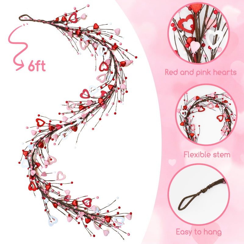 Artsemi Valentine's Day Garland, 6Ft Artificial Twig Garlands with Hearts Red Berries, Valentine Centerpieces for Tables Mantel Fireplace, Galentines Day Decorations - Image 4