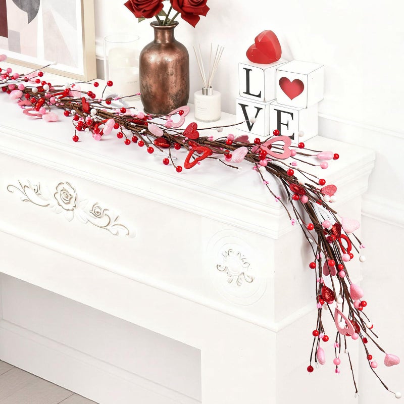 Artsemi Valentine's Day Garland, 6Ft Artificial Twig Garlands with Hearts Red Berries, Valentine Centerpieces for Tables Mantel Fireplace, Galentines Day Decorations - Image 3