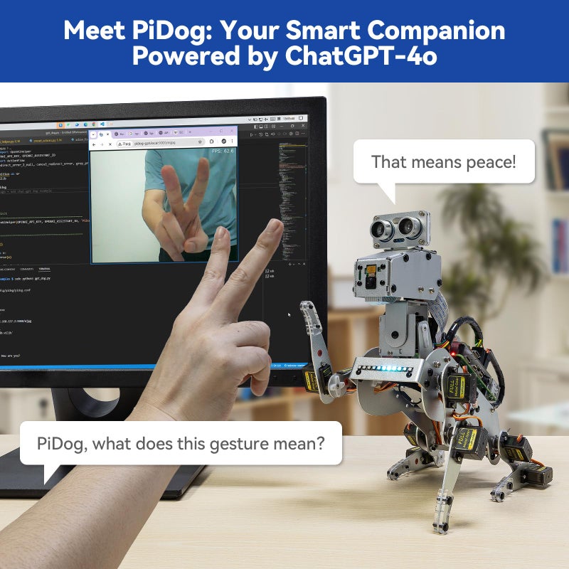صن فويندر Sunfounder Pidog AI Robot Dog Kit for Raspberry Pi 4/3B+/3B/Zero 2W chatgpt-4o مُمكّن مع Command Outder & Video App Control FPV 12 Servos Gyroscope Camera Mic (RPI غير مضمن) - Image 2