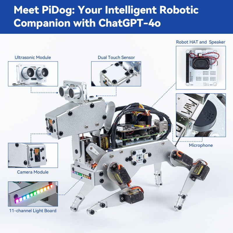 صن فويندر Sunfounder Pidog AI Robot Dog Kit for Raspberry Pi 4/3B+/3B/Zero 2W chatgpt-4o مُمكّن مع Command Outder & Video App Control FPV 12 Servos Gyroscope Camera Mic (RPI غير مضمن) - Image 4