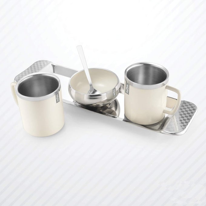 STAINLESS STEEL DOUBLE WALL COFFE MUG 2 WITH SNACK BOWL TRAY SPOON WITH OUTSIDE CERAMIC IVORY COLOUR COATEDSET OF 5 PCS