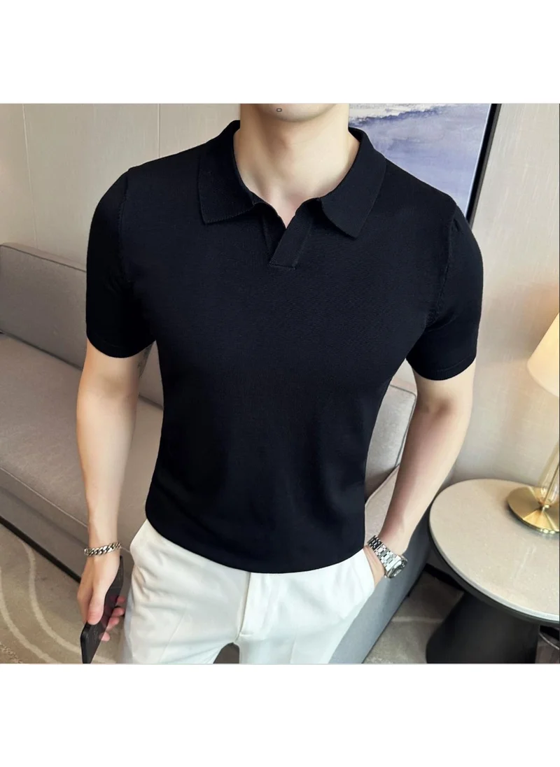 Cool Tarz Cool Style Men's Black Plaid Short Sleeve Polo Neck Knit T-Shirt