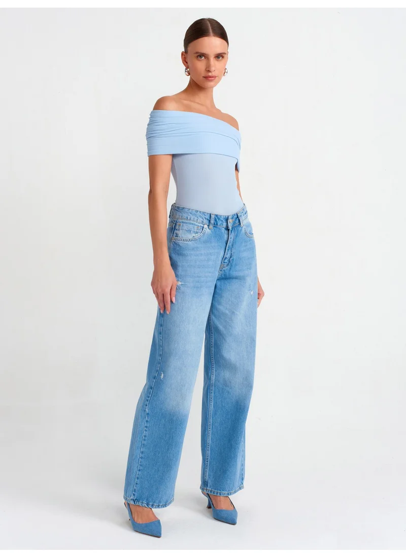 ديلفين 30851 Low Shoulder Blouse-Blue