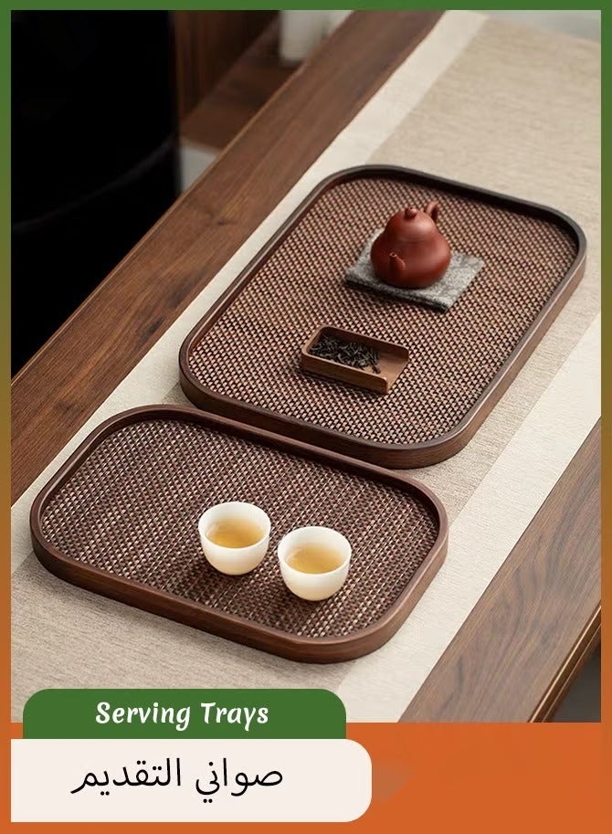 HaHaHai Wood Color 2 Wooden Serving Trays with Woven Placemats - Image 1