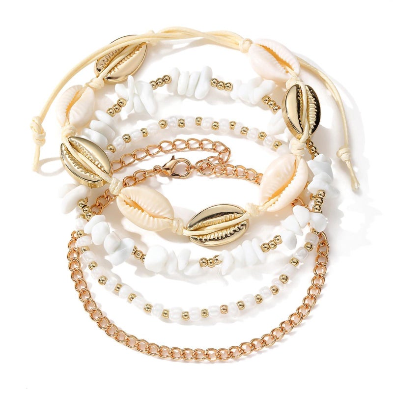 Beach Metal Beaded Anklets – Four-Piece Anklet Set, Gold/Silver, Summer Foot Jewelry