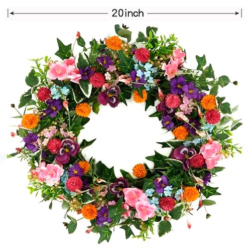 WreathDream Spring Summer Wreaths for Front Door Pansy Wreath with Pink Cherry Blossoms,Small Ball Bhrysanthemum for Indoor Outdoor Farmhouse Home Porch Wall Window Festival Wedding Decor - Image 3