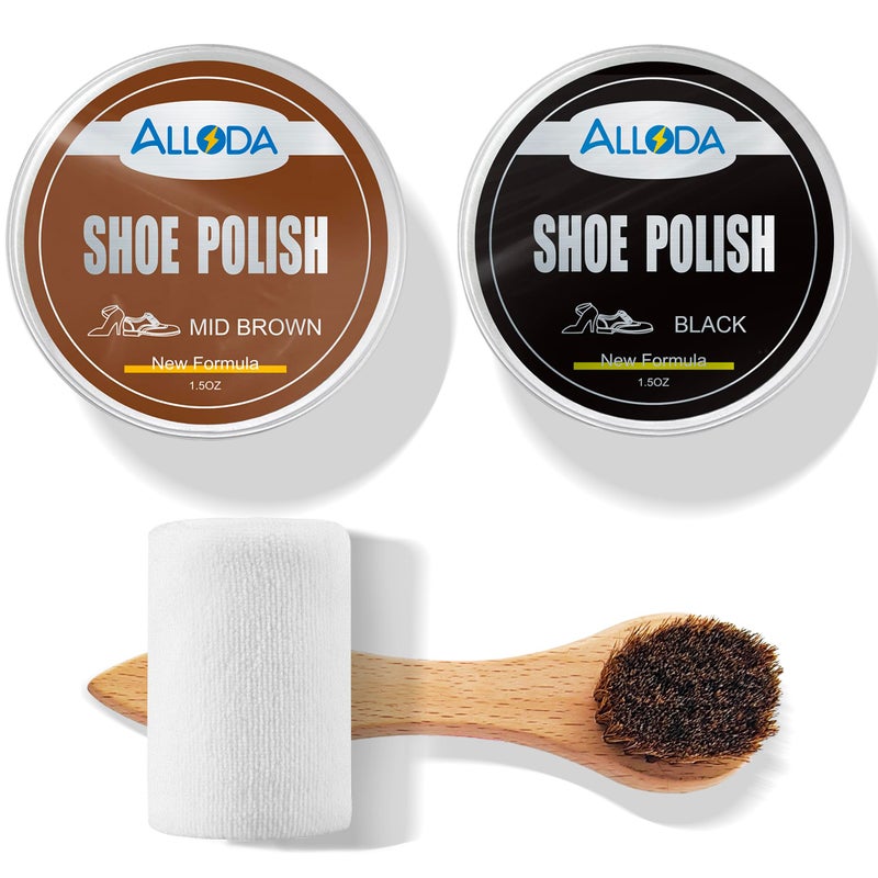 Alloda Alloda Black&Mid Brown Shoe Polish Kit, Boot and Leather Shoe Shine Kit, Horse Hair Polish Brush Cleaner, Towel(Black + Mid Brown)  - Image 1