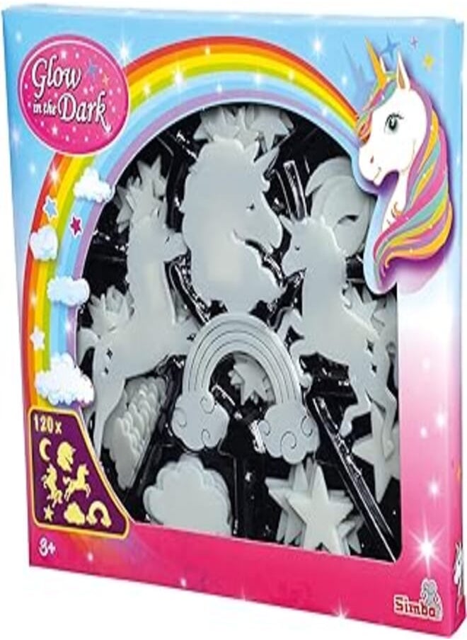 Simba Simba 107826049 Herzen, Glow in The Dark Unicorn Mega Set/Shapes and Many Other Designs/Fluorescent/Includes Adhesive Rubber / 121 Pieces / 3 Years + 