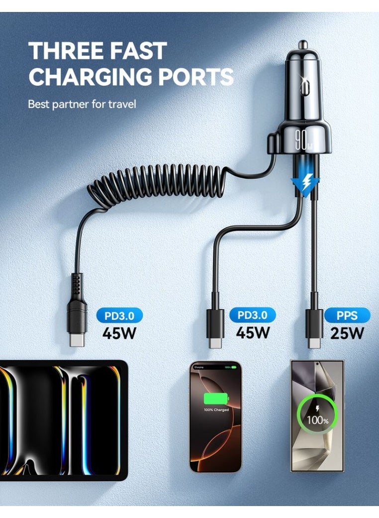 JOYROOM USB C Car Charger, 90W 3-Fast Port Super Fast Car Charger PD3.0 & PPS & QC3.0 with 5ft 30W Super Fast Type C Coiled Cable for iPhone 17 Series, Samsung Series and So on, CE Certified for Safety - Image 3