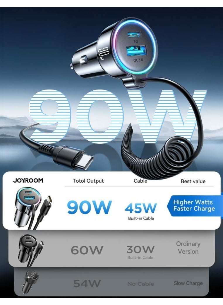 JOYROOM USB C Car Charger, 90W 3-Fast Port Super Fast Car Charger PD3.0 & PPS & QC3.0 with 5ft 30W Super Fast Type C Coiled Cable for iPhone 17 Series, Samsung Series and So on, CE Certified for Safety - Image 2