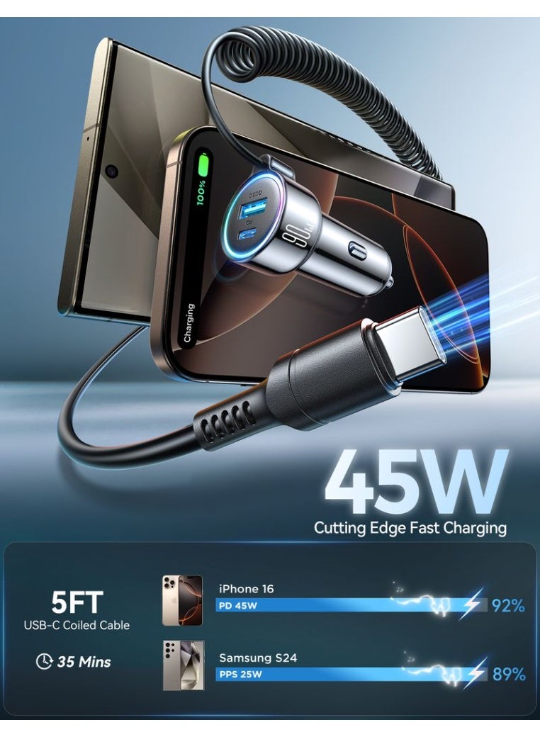 JOYROOM USB C Car Charger, 90W 3-Fast Port Super Fast Car Charger PD3.0 & PPS & QC3.0 with 5ft 30W Super Fast Type C Coiled Cable for iPhone 17 Series, Samsung Series and So on, CE Certified for Safety - Image 5