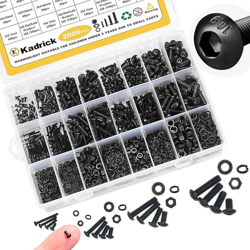 Kadrick Metric Screw Assortment, 2000PCS Metric Bolt Assortment Kit M2 M3 M4 M5 Machine Screws with Lock & Flat Washers, Grade 10.9 Alloy Steel Hex Socket on Head Black Screws Nuts and Bolts Kit - Image 1