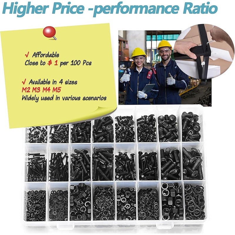 Kadrick Metric Screw Assortment, 2000PCS Metric Bolt Assortment Kit M2 M3 M4 M5 Machine Screws with Lock & Flat Washers, Grade 10.9 Alloy Steel Hex Socket on Head Black Screws Nuts and Bolts Kit - Image 5