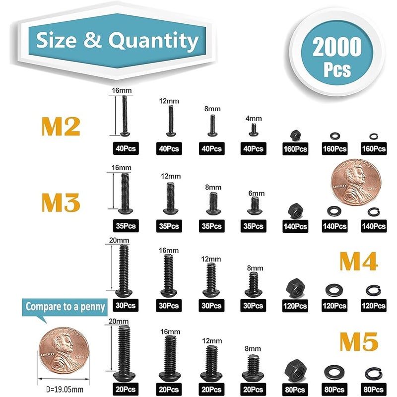 Kadrick Metric Screw Assortment, 2000PCS Metric Bolt Assortment Kit M2 M3 M4 M5 Machine Screws with Lock & Flat Washers, Grade 10.9 Alloy Steel Hex Socket on Head Black Screws Nuts and Bolts Kit - Image 2
