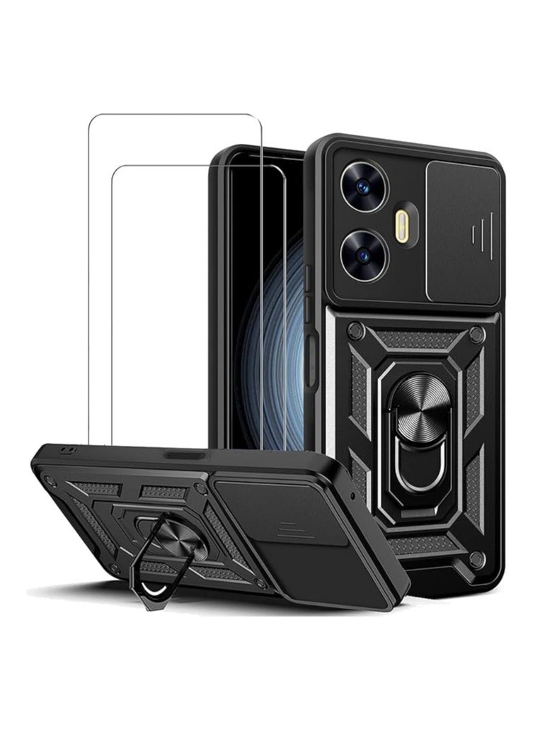 عام غطاء لهاتف Realme C55 مع حامي شاشة زجاجي، 【2 وحدة】 غطاء كاميرا متزحلق متكامل، غطاء حماية عسكري كامل الجسم - Image 1