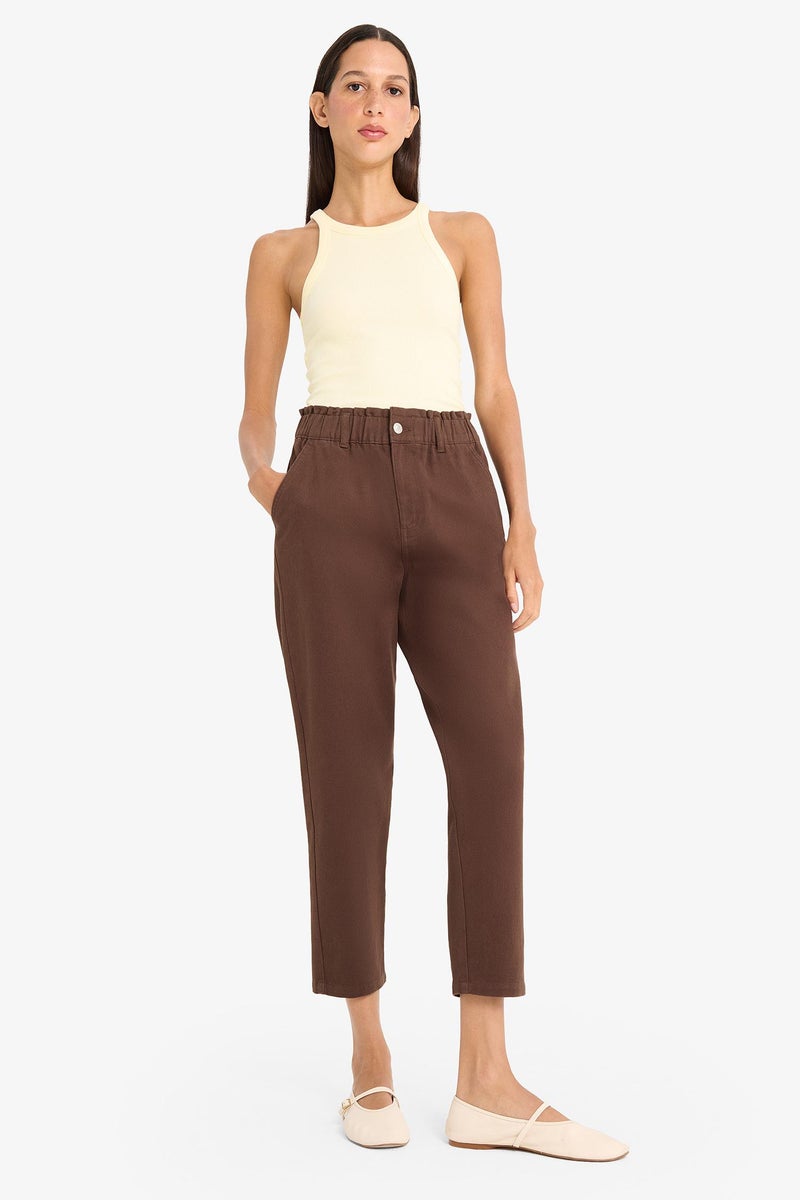 DeFacto Brown Woman Paperbag Fit Regular Hem Double Pocket Gabardine Trousers Casual - Image 1