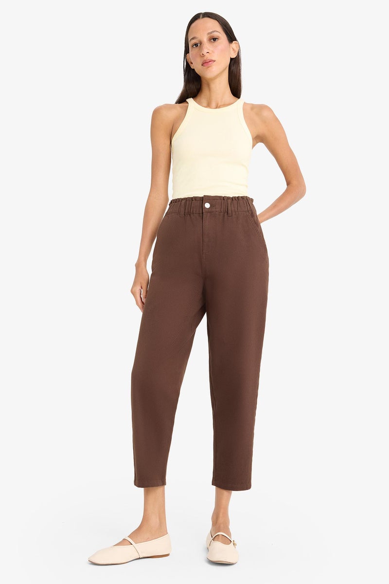 DeFacto Brown Woman Paperbag Fit Regular Hem Double Pocket Gabardine Trousers Casual - Image 4