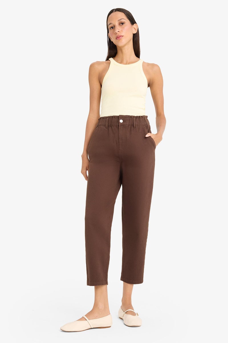 DeFacto Brown Woman Paperbag Fit Regular Hem Double Pocket Gabardine Trousers Casual - Image 2