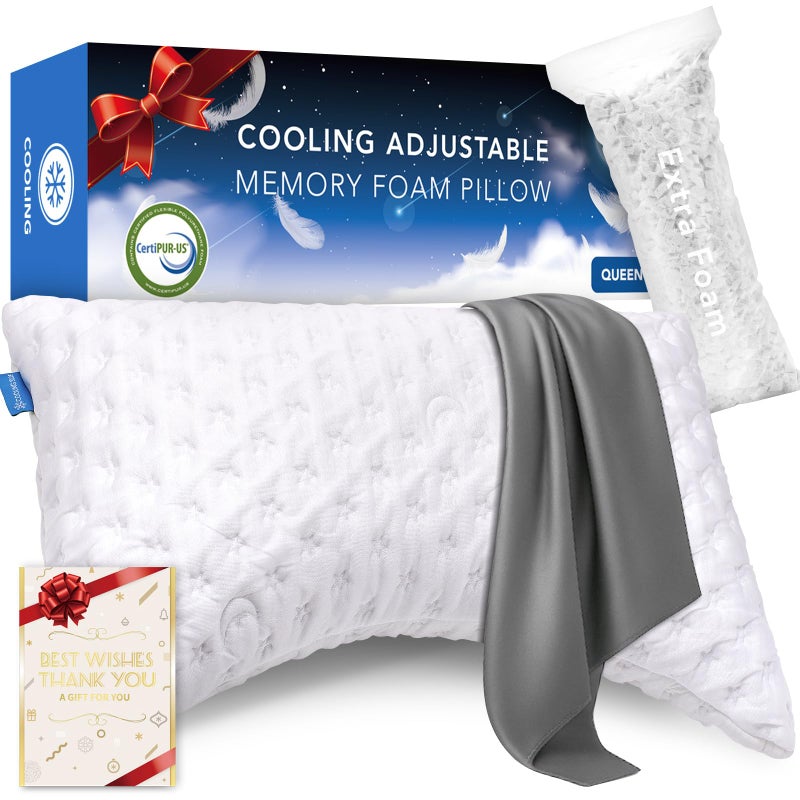 KUCEY Cooling Side Sleeper Pillow for Neck and Shoulder Pain, Luxury Shredded Memory Foam Curved Bed Pillows for Sleeping Set of 1- Adjustable Queen Size- Washable Cover Crescent White&Extra Grey Pillowcase - Image 1