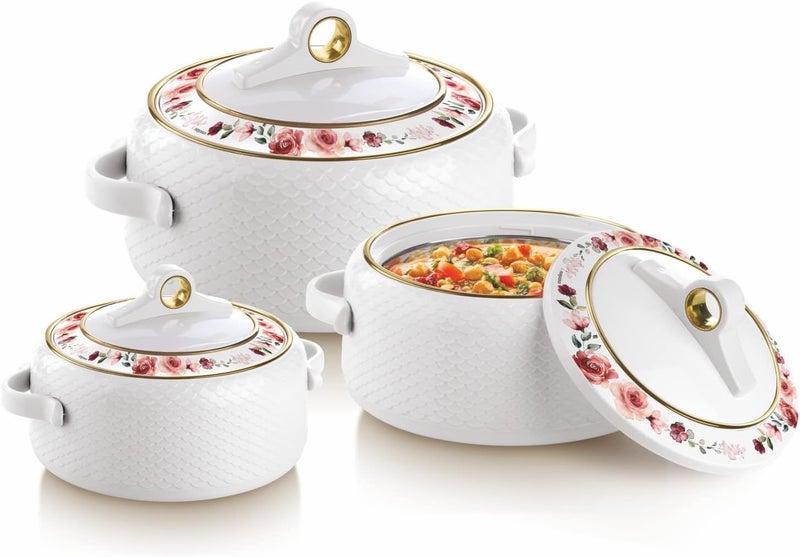 NAYASA Casserole Insulated Serving Tureen Hot Pot Thermoware with Inner Stainless Steel (White, 3PC Small Set (500+1000+1500ml))(SH) - Image 1