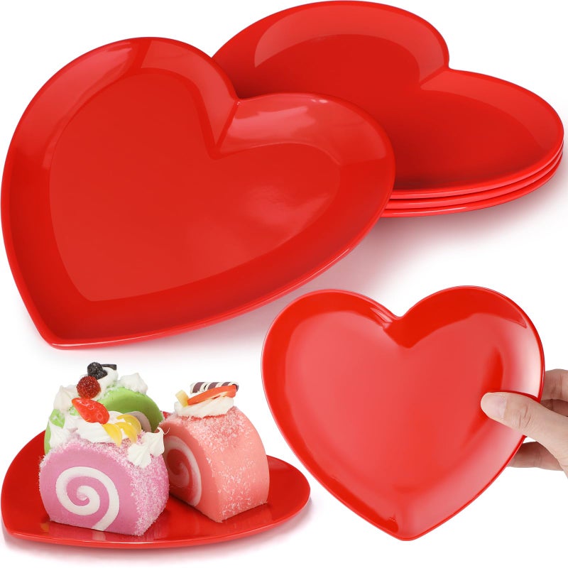 Nuogo 4 Pcs Heart Shaped Dinner Plates 6.8'' Valentine's Serving Tray Melamine Heart Shaped Plates for Dessert, Appetizer, Salad, Dishwasher Safe (Red) - Image 1