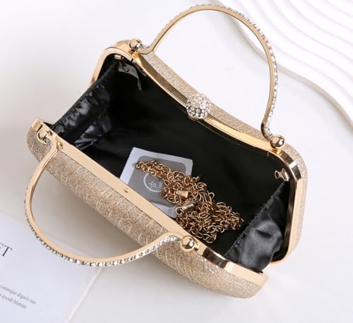 Covelin Evening Bag Sparkling Frosted Purses for Women Lady Shiny Party Elegant Handbag Wedding Bag with Chain Gold - Image 5