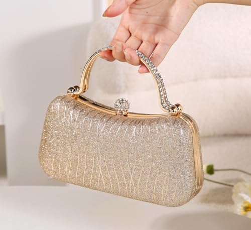 Covelin Evening Bag Sparkling Frosted Purses for Women Lady Shiny Party Elegant Handbag Wedding Bag with Chain Gold - Image 3