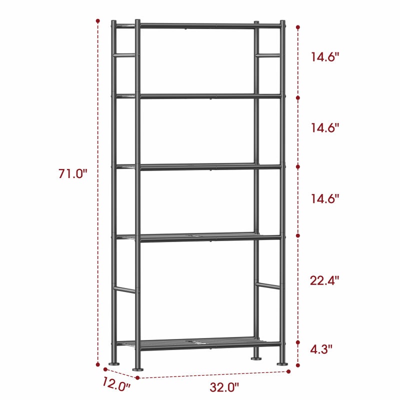 Sakugi Storage Shelves - 5 Tier Shelf Organizer, Sturdy Metal Garage Shelving with Adjustable Leveling Feet, Space-Saving Shelves Organizer for Pantry, Laundry, Kitchen (32" x 12" x 71", Black) - Image 2