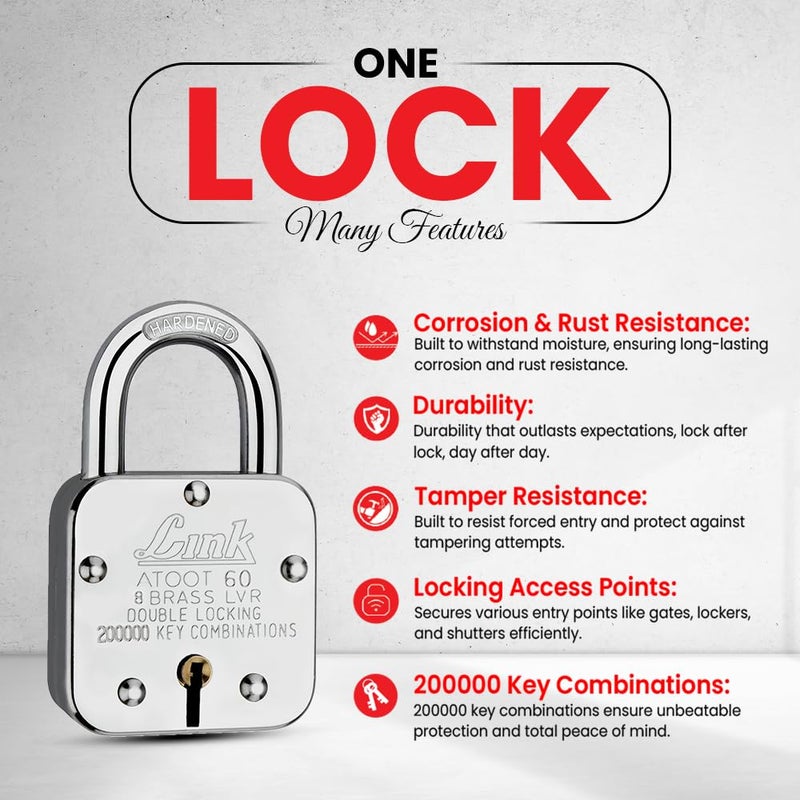 Link قفل أتووت 60 مم | 2 لاك مفاتيح تركيبة جسم فولاذي | قفل مقوى | 8 رافعات نحاسية | صنع في الهند | 1 قفل مع 3 مفاتيح فضية - Image 2