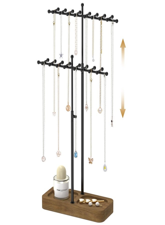 MODOWEY Necklace Holder Organizer Stand with 36 Hooks, Tall Display Tree Rack for Women Men Jewelry Storage, Adjustable 2 Tier Metal Hanger Wood Tray for Vendor, Large Capacity for Dresser Small Space - Image 1