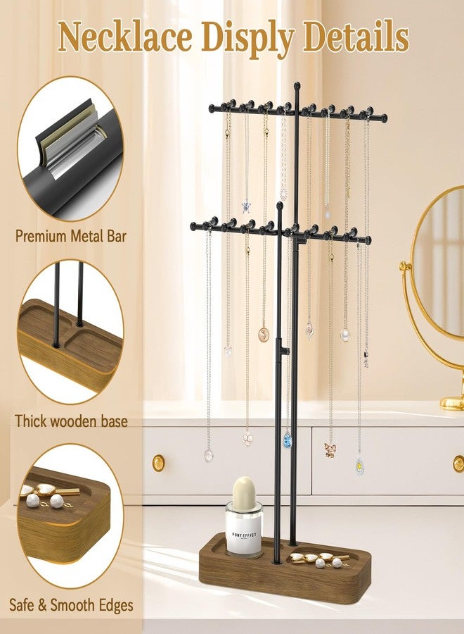 MODOWEY Necklace Holder Organizer Stand with 36 Hooks, Tall Display Tree Rack for Women Men Jewelry Storage, Adjustable 2 Tier Metal Hanger Wood Tray for Vendor, Large Capacity for Dresser Small Space - Image 4