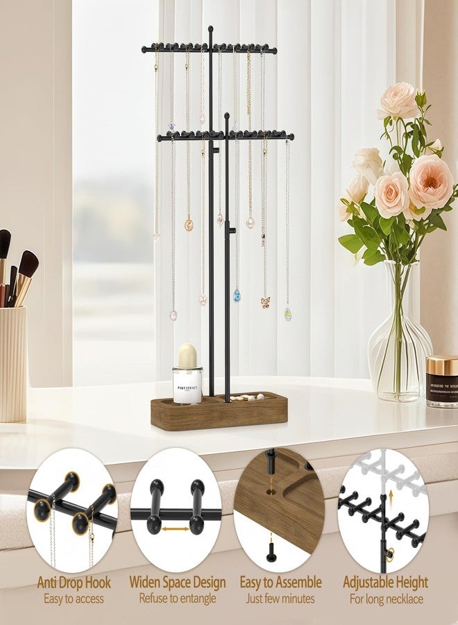 MODOWEY Necklace Holder Organizer Stand with 36 Hooks, Tall Display Tree Rack for Women Men Jewelry Storage, Adjustable 2 Tier Metal Hanger Wood Tray for Vendor, Large Capacity for Dresser Small Space - Image 5