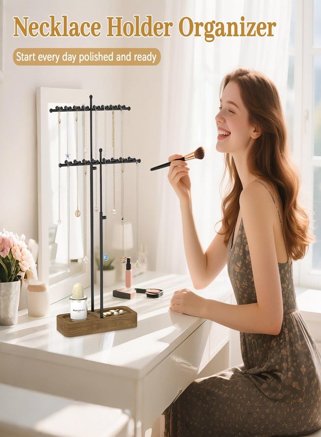 MODOWEY Necklace Holder Organizer Stand with 36 Hooks, Tall Display Tree Rack for Women Men Jewelry Storage, Adjustable 2 Tier Metal Hanger Wood Tray for Vendor, Large Capacity for Dresser Small Space - Image 2