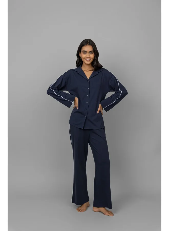 NeceSera Navy Button Down White Piping Pajama Set