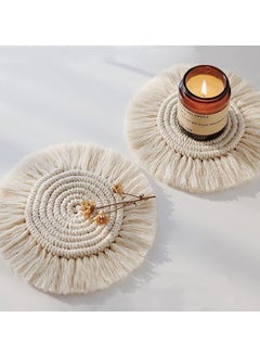 Y&D Coasters, with Tassels, for Drinks cup, Absorbent Woven Handmade Bohemian, Coffee Aromatherapy Decor Heat Protection Mat, Home, Office, Wooden Table, Table (Cream 2Pcs)  - Image 3