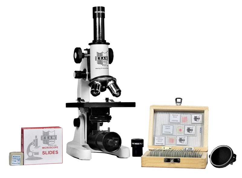 ESAW 1125x Student Compound Biological Microscope with 25 Prepared Glass Slides (Mag: 100x to 1125x) - Image 1