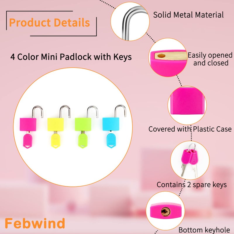 Febwind 4 Pcs Suitcase Locks with Copper Keys Protect Your Belongings with Febwind's Set of 4 Mini Padlocks Multicolor Durable Locks for Suitcases Backpacks Boxes Cabinet and Laptop Bags - Image 3