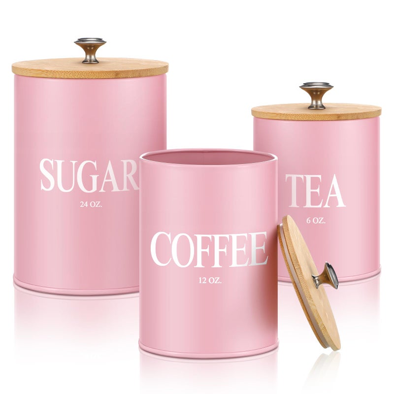 Blushtier 3 Pack Pink Kitchen Canister Set Metal Tea Coffee Sugar Jar Container with Bamboo Airtight Lids Food Storage Containers for Bar Counter Farmhouse Kitchen Decor 6, 12, 24 oz - Image 1