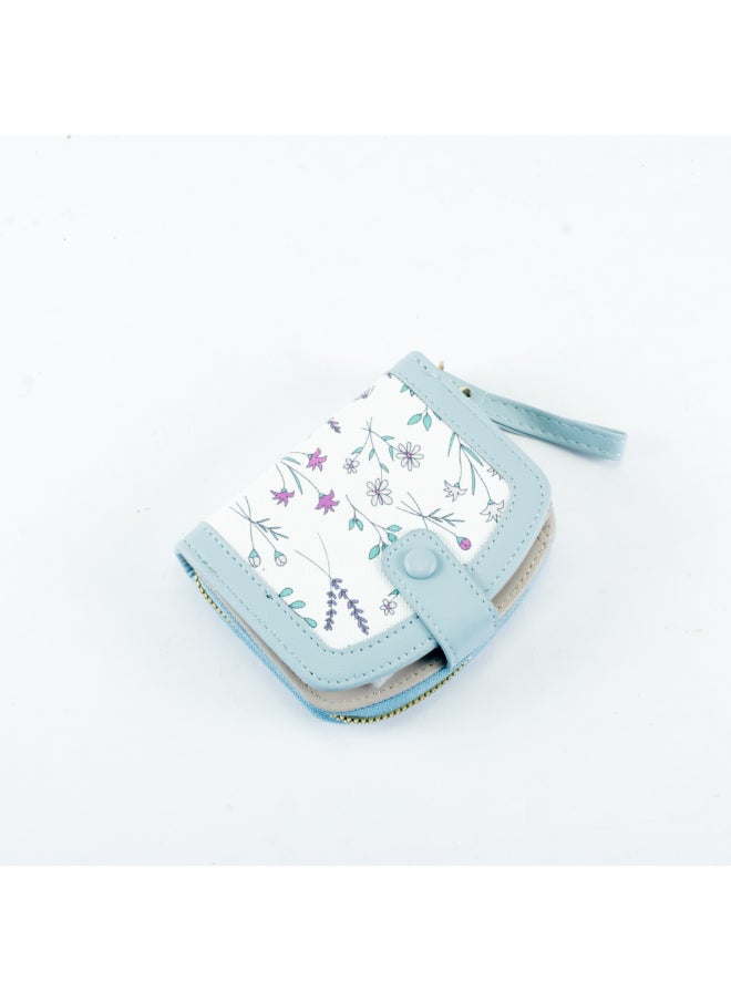 Generic Flowery Leather Flip Wallet & Card Holder with Multiple  Pockets and Zipped Pocket Blue  - Image 1