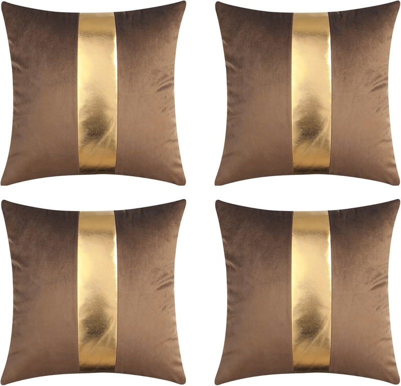 Gyulin Pack of 4,18x18 Inch Velvet Throw Pillow Covers with Gold Leather Striped Patchwork Stitching Luxury Modern Minimalist Square Pillowcase Cushion Covers for Bedroom Sofa Couch Living Room,Brown