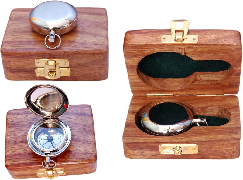 BAZROSS Brass Nautical Compass with Wooden Case - Antique Brass & Copper Sun Clock for Camping, Hiking, Touring - Engraved Gift for Him - Nautical Clock - Compass Gift - Image 1