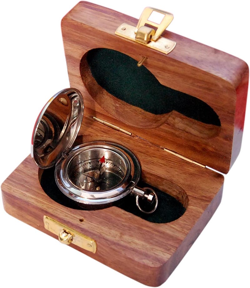 BAZROSS Brass Nautical Compass with Wooden Case - Antique Brass & Copper Sun Clock for Camping, Hiking, Touring - Engraved Gift for Him - Nautical Clock - Compass Gift - Image 4