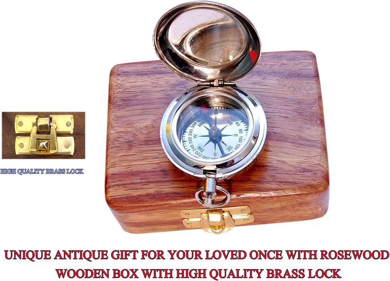 BAZROSS Brass Nautical Compass with Wooden Case - Antique Brass & Copper Sun Clock for Camping, Hiking, Touring - Engraved Gift for Him - Nautical Clock - Compass Gift - Image 5