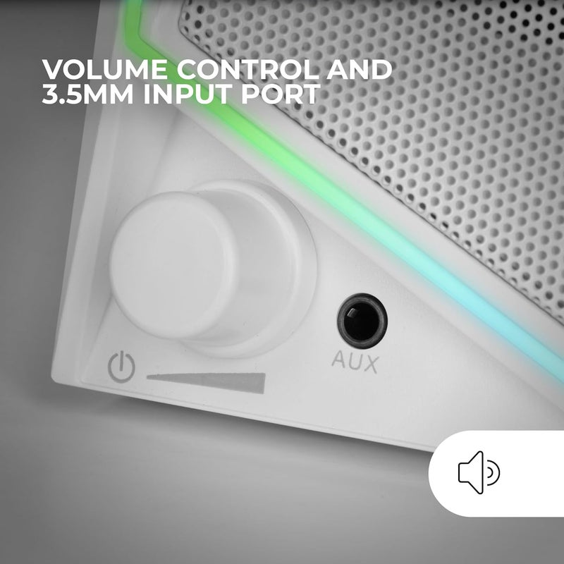 مارس_جيمنج MARSGAMING MS72، مكبرات صوت ألعاب بقوة 15 واط، إضاءة خلفية RGB Flow، مشغلان نشطان، شريحة DSP، اتصال USB Plug&Play وجاك 3.5 مم، مقبض تحكم في مستوى الصوت ومنفذ سماعات رأس، أبيض - Image 5