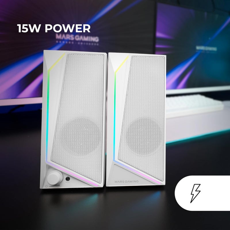 مارس_جيمنج MARSGAMING MS72، مكبرات صوت ألعاب بقوة 15 واط، إضاءة خلفية RGB Flow، مشغلان نشطان، شريحة DSP، اتصال USB Plug&Play وجاك 3.5 مم، مقبض تحكم في مستوى الصوت ومنفذ سماعات رأس، أبيض - Image 2