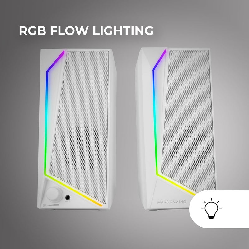 مارس_جيمنج MARSGAMING MS72، مكبرات صوت ألعاب بقوة 15 واط، إضاءة خلفية RGB Flow، مشغلان نشطان، شريحة DSP، اتصال USB Plug&Play وجاك 3.5 مم، مقبض تحكم في مستوى الصوت ومنفذ سماعات رأس، أبيض - Image 3