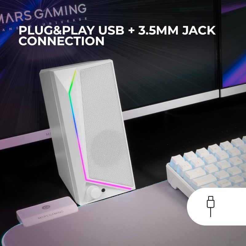 مارس_جيمنج MARSGAMING MS72، مكبرات صوت ألعاب بقوة 15 واط، إضاءة خلفية RGB Flow، مشغلان نشطان، شريحة DSP، اتصال USB Plug&Play وجاك 3.5 مم، مقبض تحكم في مستوى الصوت ومنفذ سماعات رأس، أبيض - Image 4